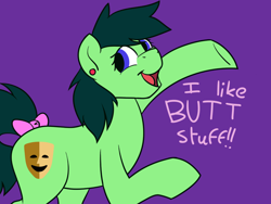 Size: 1600x1200 | Tagged: safe, artist:timidwithapen, oc, oc only, oc:musical act, species:earth pony, species:pony, bow, femboy, male, solo, stallion, trap, vulgar