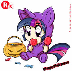 Size: 5000x5000 | Tagged: safe, artist:ryured, character:twilight sparkle, species:pony, my little pony:equestria girls, absurd resolution, candy, chibi, clothing, costume, cute, food, halloween, holiday, human coloration, kigurumi, lollipop, pony costume, twiabetes
