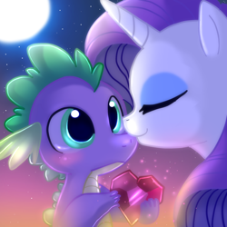 Size: 2222x2222 | Tagged: safe, artist:jacky-bunny, character:rarity, character:spike, species:dragon, species:pony, species:unicorn, ship:sparity, blushing, dilated pupils, eyes closed, female, fire ruby, heart, high res, interspecies, kissing, male, mare, moon, ruby, shipping, spikelove, stars, straight