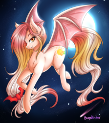 Size: 3568x4000 | Tagged: safe, artist:bunnywhiskerz, oc, oc only, oc:summer peach, species:bat pony, species:pony, absurd resolution, bat pony oc, fangs, female, full moon, looking at you, mare, moon, night, solo, stars