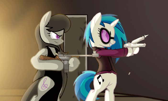 Size: 702x422 | Tagged: safe, artist:zedrin, character:dj pon-3, character:octavia melody, character:vinyl scratch, species:earth pony, species:pony, species:unicorn, animated, ask-mafia-octavia, badass, bipedal, bullet casing, cutie mark, drum magazine, dual pistols, dual wield, female, gif, gun, hooves, horn, m1911, mafia octavia, mare, muzzle flash, pistol, ponies with guns, smiling, submachinegun, sunglasses, teeth, tommy gun, weapon, who needs trigger fingers