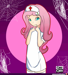 Size: 750x820 | Tagged: safe, artist:caoscore, character:fluttershy, my little pony:equestria girls, clothing, female, flutternurse, halloween, holiday, human coloration, nurse, patreon, patreon logo, red cross, solo