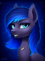 Size: 900x1200 | Tagged: safe, artist:scheadar, oc, oc only, oc:nyreen, species:pony, bust, fangs, female, grin, mare, portrait, smiling, solo