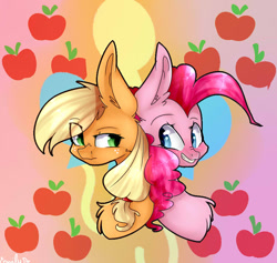 Size: 900x854 | Tagged: safe, artist:emily-826, character:applejack, character:pinkie pie, species:earth pony, species:pony, ship:applepie, apple, back to back, bust, chest fluff, cutie mark, female, food, freckles, lesbian, looking at each other, missing accessory, portrait, shipping, smiling