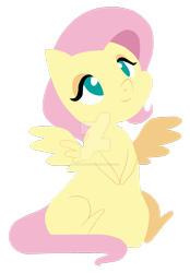 Size: 1024x1472 | Tagged: safe, artist:sk-ree, character:fluttershy, species:pegasus, species:pony, chibi, eyeshadow, female, flat colors, lidded eyes, looking up, makeup, simple background, sitting, smiling, solo, spread wings, transparent background, watermark, wings