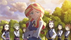 Size: 1280x720 | Tagged: safe, artist:namygaga, part of a set, character:sunset shimmer, my little pony:equestria girls, anime, clothing, crossed arms, crossover, diana cavendish, human coloration, little witch academia, school uniform, skirt