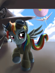 Size: 800x1066 | Tagged: safe, artist:swaetshrit, character:rainbow dash, species:pegasus, species:pony, aircraft, clothing, coveralls, female, flying, goggles, overalls, pilot, plane, solo