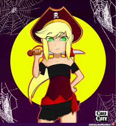 Size: 750x820 | Tagged: safe, artist:caoscore, character:applejack, my little pony:equestria girls, clothing, costume, female, halloween, hat, holiday, patreon, patreon logo, pirate hat, solo, spider web, sword, weapon