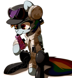 Size: 3810x4091 | Tagged: safe, artist:bloodatius, character:rainbow dash, species:pegasus, species:pony, boots, camouflage, clothing, earmuffs, female, goggles, gun, handgun, hat, jacket, mare, multicolored hair, pistol, rainbow six siege, red dot, shading, shadow, shoes, simple background, solo, weapon, white background
