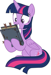 Size: 1435x2100 | Tagged: safe, artist:sonofaskywalker, character:twilight sparkle, character:twilight sparkle (alicorn), species:alicorn, species:pony, episode:shadow play, g4, my little pony: friendship is magic, book, excited, female, mare, simple background, starswirl's book, that pony sure does love books, transparent background, vector