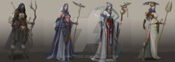 Size: 1024x363 | Tagged: safe, artist:sunset tide, character:princess celestia, species:elf, species:human, air elf, archer, archmage, armor, bow, chinese, compilation, egyptian, gradient background, greek helmet, hairpin, humanized, light elf, mage, sand elf, spear, staff, sword, unicorns as elves, wadjet, watermark, weapon, wood elf