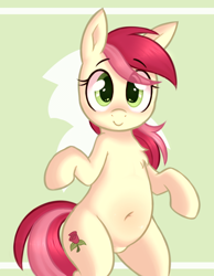 Size: 796x1026 | Tagged: safe, artist:toroitimu, character:roseluck, species:earth pony, species:pony, belly, belly button, bipedal, chest fluff, chubby, cute, cuteluck, female, looking at you, mare, pubic mound, simple background, smiling, solo