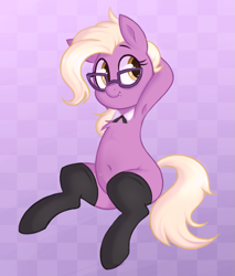 Size: 667x782 | Tagged: safe, artist:toroitimu, character:grace manewitz, species:earth pony, species:pony, armpits, belly, belly button, blank flank, checkered background, chest fluff, clothing, female, glasses, grace manewitz is an armpit slut, hooves behind head, mare, smiling, socks, solo, thigh highs