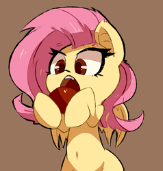Size: 1526x1606 | Tagged: safe, artist:bloodatius, character:flutterbat, character:fluttershy, species:bat pony, species:pony, apple, belly button, bipedal, brown background, cute, female, food, open mouth, race swap, red eyes, shyabates, shyabetes, simple background, solo, that pony sure does love apples