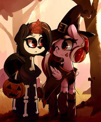Size: 3117x3744 | Tagged: safe, artist:bloodatius, oc, oc only, oc:cherry blossom, oc:shurelya, species:pegasus, species:pony, species:unicorn, clothing, costume, couple, female, glowing horn, halloween, holiday, lesbian, looking at each other, magic, oc x oc, pumpkin bucket, shipping, skeleton costume, smiling, tongue out, tree, witch