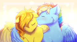 Size: 1024x561 | Tagged: safe, artist:peachmayflower, character:rainbow dash, character:spitfire, species:pegasus, species:pony, ship:spitdash, cheek fluff, commission, eyes closed, female, half r63 shipping, hug, kiss on the cheek, kissing, male, mare, rainbow blitz, rule 63, shipping, stallion, straight, winghug, ych result