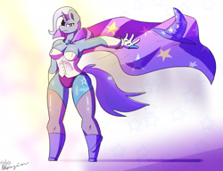 Size: 2600x2000 | Tagged: safe, artist:mopyr, character:trixie, species:anthro, species:unguligrade anthro, armpits, badass, breasts, cape, cleavage, clothing, female, gloves, hat, leotard, looking at you, magician outfit, socks, solo, thigh highs, trixie's hat, wide hips