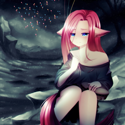 Size: 900x900 | Tagged: safe, artist:jacky-bunny, character:pinkamena diane pie, character:pinkie pie, species:human, friendship is witchcraft, balloon, bare shoulders, clothing, crying, ear fluff, eared humanization, female, humanized, musical instrument, night, oversized clothes, oversized shirt, sad, shirt, sitting, solo, tailed humanization, tambourine