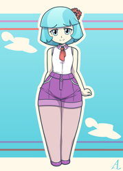 Size: 1000x1400 | Tagged: safe, artist:acesrockz, character:coco pommel, my little pony:equestria girls, arm behind back, chibi, clothing, cocobetes, cute, female, flower, flower in hair, looking at you, pantyhose, shorts, smiling, solo, wide hips