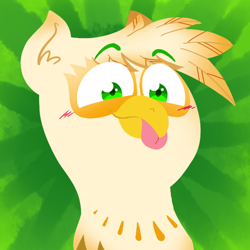 Size: 550x550 | Tagged: safe, artist:alittleofsomething, oc, oc only, oc:ember burd, species:griffon, blep, bust, commission, eared griffon, griffon oc, lineless, male, portrait, silly, solo, sunburst background, tongue out