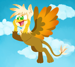 Size: 941x841 | Tagged: safe, artist:alittleofsomething, oc, oc only, oc:ember burd, species:griffon, cloud, commission, eared griffon, excited, flying, griffon oc, happy, lineless, male, solo
