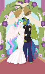 Size: 1156x1920 | Tagged: safe, artist:rapps, character:princess celestia, oc, oc:rally flag, species:alicorn, species:anthro, species:pegasus, species:pony, alternate hairstyle, bell, blushing, canon x oc, clothing, dress, dress uniform, eyes closed, female, flower, flower in hair, holding hands, kissing, male, mare, marriage, rallylestia, ring, shipping, stallion, straight, strapless, wedding, wedding dress, wedding ring