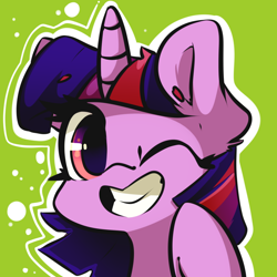 Size: 1000x1000 | Tagged: safe, artist:bloodatius, character:twilight sparkle, species:pony, female, floating eyebrows, green background, grin, looking at you, mare, one eye closed, simple background, smiling, solo, wink