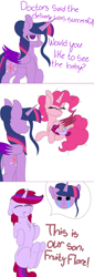 Size: 1280x3760 | Tagged: safe, artist:tomboygirl45, character:pinkie pie, character:twilight sparkle, character:twilight sparkle (alicorn), oc, oc:fruity flare, parent:pinkie pie, parent:twilight sparkle, parents:twinkie, species:alicorn, species:pony, species:unicorn, ship:twinkie, alicornified, ask, baby, baby pony, colored wings, colt, crying, female, lesbian, magical lesbian spawn, male, multicolored wings, offspring, pinkiecorn, princessponk, prone, race swap, shipping, tears of joy, tumblr, xk-class end-of-the-world scenario