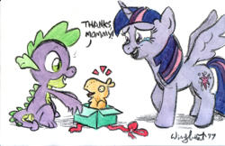 Size: 2543x1650 | Tagged: safe, artist:wingbeatpony, character:peewee, character:spike, character:twilight sparkle, character:twilight sparkle (alicorn), species:alicorn, species:dragon, species:pony, crying, cute, mama twilight, peewee, peeweebetes, plushie, present, simple background, spikabetes, spikelove, tears of joy, traditional art, twiabetes, watercolor painting, white background
