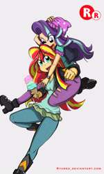 Size: 1500x2500 | Tagged: safe, artist:ryured, character:starlight glimmer, character:sunset shimmer, my little pony:equestria girls, clothing, food, happy, horseplay, human coloration, ice cream, open mouth, piggyback ride, simple background, smiling, white background