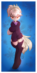 Size: 611x1200 | Tagged: safe, artist:kairaanix, oc, oc only, abstract background, clothing, female, looking at you, semi-anthro, solo, stockings, sweater, thigh highs