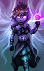 Size: 562x908 | Tagged: safe, artist:kairaanix, character:rainbow dash, species:anthro, armor, belly button, crossover, diablo, diablo 3, female, garter, glowing eyes, looking at you, midriff, solo, wizard