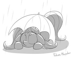 Size: 2560x2060 | Tagged: safe, artist:fakskis, character:fluttershy, species:pegasus, species:pony, cute, female, floppy ears, mare, monochrome, prone, rain, shyabetes, solo, umbrella