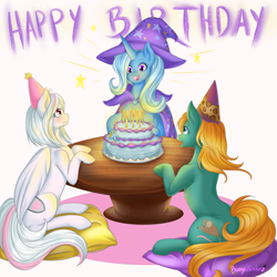 Size: 1024x1024 | Tagged: safe, artist:bunnywhiskerz, character:trixie, oc, oc:jd, oc:magnolia mane, species:earth pony, species:pegasus, species:pony, species:unicorn, birthday, birthday cake, cake, clothing, cushion, food, happy, happy birthday, hat, party hat
