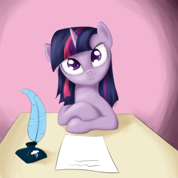 Size: 900x900 | Tagged: safe, artist:sokolas, character:twilight sparkle, species:pony, female, inkwell, letter, quill, solo