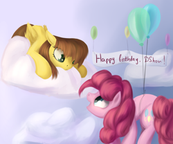 Size: 1200x1000 | Tagged: safe, artist:sokolas, character:pinkie pie, oc, species:earth pony, species:pegasus, species:pony, balloon, birthday, cloud, duo, eye contact, female, floating, looking at each other, mare, then watch her balloons lift her up to the sky