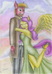 Size: 1641x2326 | Tagged: safe, artist:sinaherib, character:big mcintosh, character:fluttershy, species:anthro, species:pegasus, species:pony, ship:fluttermac, big breasts, breasts, busty fluttershy, clothing, dress, eyes closed, female, hug, male, shipping, side slit, smiling, straight, traditional art