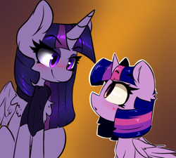 Size: 540x487 | Tagged: safe, artist:bloodatius, artist:duop-qoub, character:twilight sparkle, character:twilight sparkle (alicorn), species:alicorn, species:pony, blushing, descended twilight, duality, female, mare, ponidox, self paradox, self ponidox, smiling