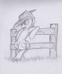 Size: 2248x2664 | Tagged: safe, artist:scribblepwn3, character:braeburn, species:earth pony, species:pony, clothing, fence, hat, leaning, male, monochrome, pencil drawing, solo, traditional art