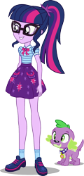 Size: 578x1200 | Tagged: safe, artist:seahawk270, character:spike, character:spike (dog), character:twilight sparkle, character:twilight sparkle (scitwi), species:dog, species:eqg human, episode:a fine line, g4, my little pony: equestria girls, my little pony:equestria girls, clothing, geode of telekinesis, glasses, magical geodes, ponytail, shoes, simple background, skirt, smiling, socks, transparent background, vector