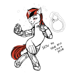 Size: 684x730 | Tagged: safe, artist:wwredgrave, oc, oc:blackjack, species:pony, species:unicorn, fallout equestria, fallout equestria: project horizons, alcohol, amputee, crossover, cyberpunk, cyborg, drunk, drunk bubbles, drunken fist, drunken master, female, fighter, fighting stance, fingers, mare, martial arts, open mouth, prosthetic limb, prosthetics, sake, sketch, solo, standing