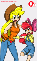 Size: 1500x2500 | Tagged: safe, artist:ryured, character:apple bloom, character:applejack, species:human, apple bloom's bow, bow, clothing, cowboy hat, female, fingerless gloves, gloves, hair bow, hat, humanized, overalls, pants, sisters, smiling, stetson