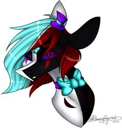 Size: 562x587 | Tagged: safe, artist:ohflaming-rainbow, oc, oc only, oc:lunar void corruption, species:pony, bow tie, bust, portrait, purple sclera, simple background, solo, transparent background
