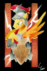 Size: 600x902 | Tagged: safe, artist:ii-art, character:flash magnus, species:pegasus, species:pony, episode:campfire tales, episode:shadow play, g4, my little pony: friendship is magic, armor, black background, helmet, lightning, male, netitus, shield, simple background, smiling, solo, stallion, watermark