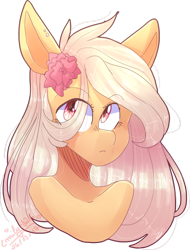 Size: 1024x1349 | Tagged: safe, artist:emily-826, character:applejack, species:pony, alternate eye color, bust, female, flower, flower in hair, portrait, simple background, solo, transparent background
