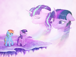 Size: 1024x768 | Tagged: safe, artist:novaintellus, character:rainbow dash, character:starlight glimmer, character:twilight sparkle, species:pegasus, species:pony, species:unicorn, fanfic:little glimpses, fanfic, fanfic art, fanfic cover, sad