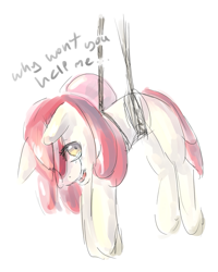 Size: 639x800 | Tagged: safe, artist:ferrettea, character:apple bloom, species:earth pony, species:pony, crying, female, filly, hanging, sad, simple background, solo, stuck, suspended, white background