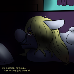 Size: 600x600 | Tagged: safe, artist:ferrettea, character:derpy hooves, bed, crying, dark, explicit source, out of work derpy, sad