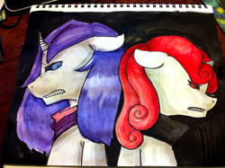 Size: 1280x956 | Tagged: safe, artist:ferrettea, character:rarity, character:sweetie belle, angry, painting, sadistic rarity, sadistic sweetie belle, traditional art