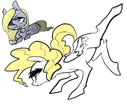 Size: 570x466 | Tagged: safe, artist:ferrettea, character:derpy hooves, character:surprise, bucking, eyepatch